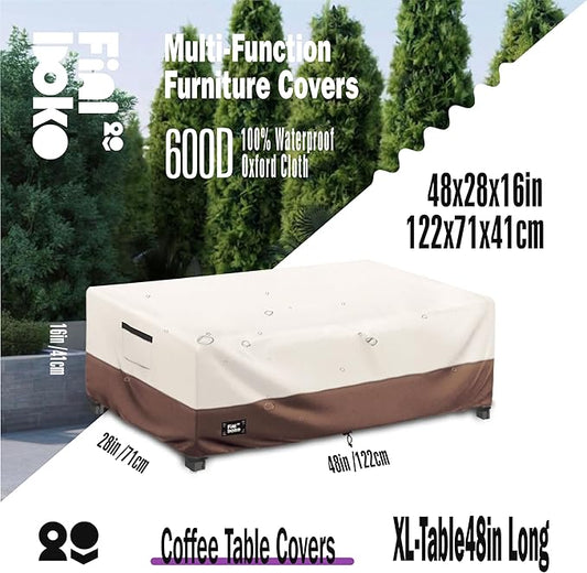 Patio Coffee Table Cover, 48"L x 28"W x 16"H Patio Rectangular Side Table Covers,100% Waterproof 600D Heavy Duty Outdoor Table Cover,Beige&Brow