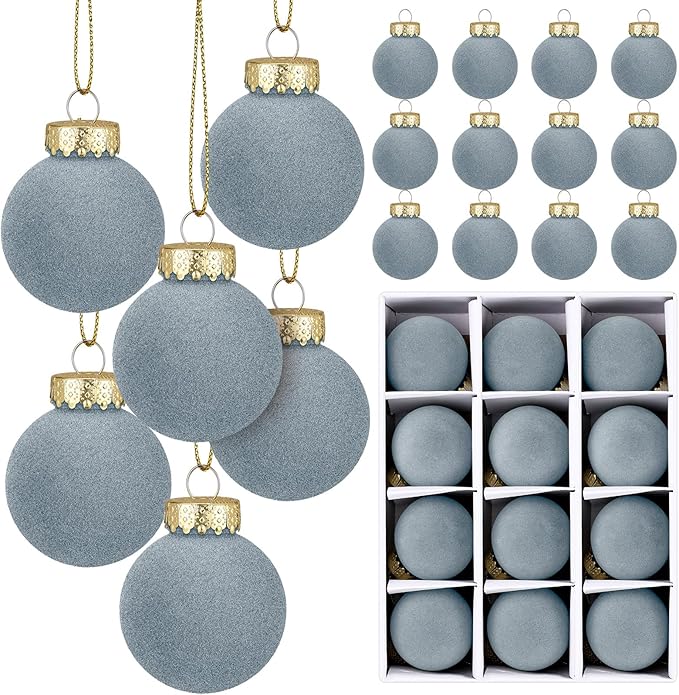 12 Pcs Velvet Christmas Balls Flocked Christmas Tree Hanging Ornaments Shatterproof Plastic Hanging Balls Decorations for Xmas Tree Party Home Holiday Decor (Dusty Blue, 3.15 inch)
