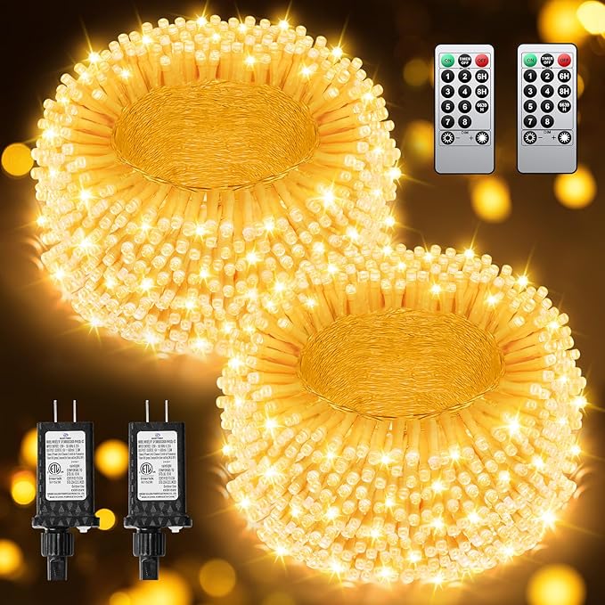 Total 710FT 1800 LED Christmas Lights, 2 Packs 900 LED Outdoor String Waterproof, Timer & Memory, 8 Modes Dimmable Plug in Fairy for Outside Tree Holiday Party Wedding Decor, Warm White