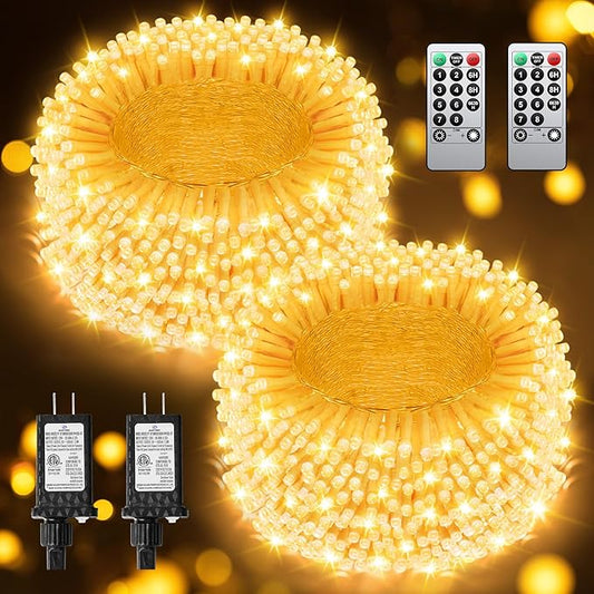Total 710FT 1800 LED Christmas Lights, 2 Packs 900 LED Outdoor String Waterproof, Timer & Memory, 8 Modes Dimmable Plug in Fairy for Outside Tree Holiday Party Wedding Decor, Warm White