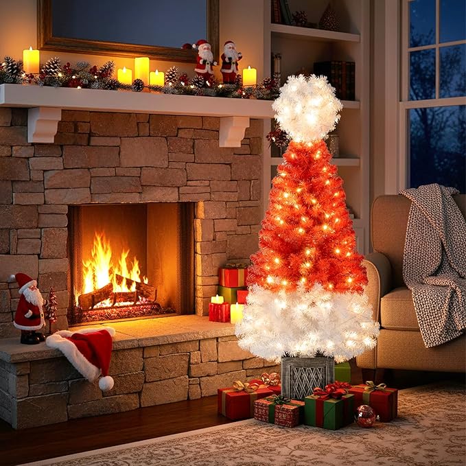 GOFLAME 4FT Pre-Lit Artificial Christmas Entrance Tree, Potted Candy Cane Xmas Tree with 300 Branch Tips, 100 Warm LED Lights, Urn Base, Indoor Outdoor Holiday Decoration Tree for Home Party