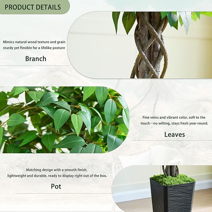 Artificial Ficus Tree 5FT Faux Plants Indoor Tall Fake Plants with Black Square Planter, Green Lifelike Lush Fake Ficus Tree for Home Living Room Bedroom Outdoor Balcony House Office Decor