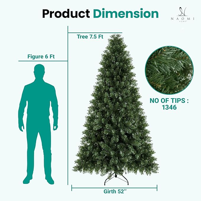 Naomi Home Lucille 7.5ft Artificial Christmas Tree – Full Body Unlit, Realistic Dense Lifelike PVC Pine Branches, 1,346 Tips, Hinged & Sturdy for Ornaments, Holiday Décor w/Stable Base