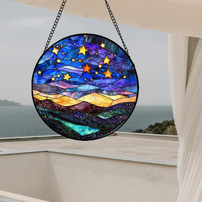 Stained Glass Window Hanging, Blue Sky Gold Stars Abstract Landscape Suncatcher for Doors Window Home Sun Catchers Decor Mother's Day Birthday Gifts for Women, Men Mom 9.8 in