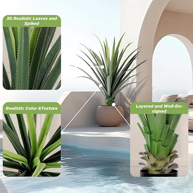 Agave Plant Artificial with 30 Leaves, Set of 1 Faux Spiked Agave Plants, 4ft Artificial Spiked Agave Plant for Indoor and Outdoor Decor, Perfect for Porch, Living Room, Bedroom, Patio and Office
