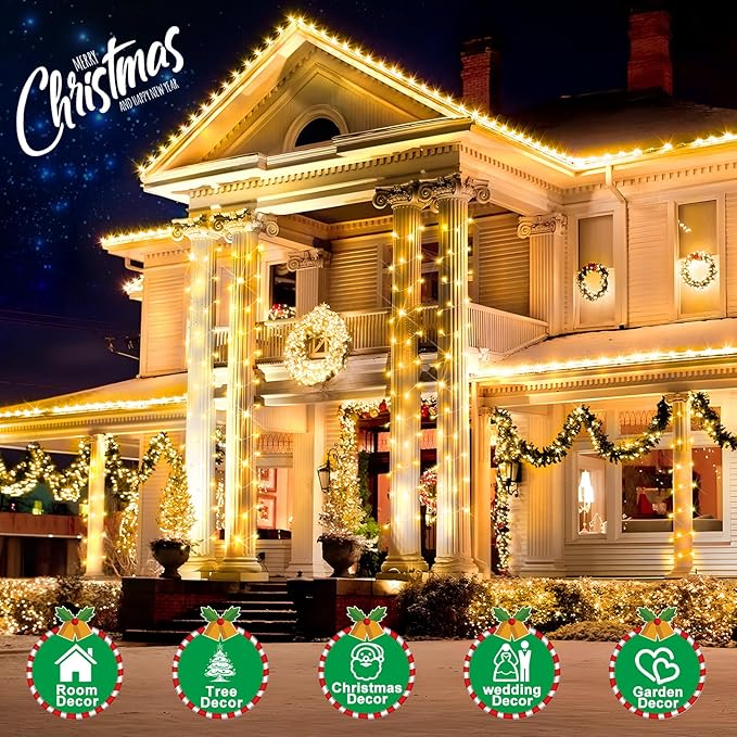 SAUIRS 197FT 500 LED Christmas Lights Outdoor String Lights with 8 Modes Timer Waterproof Fairy Light Plug in for Outside Indoor Party Xmas Palm Tree Yard Wedding Decorations(Warm White)