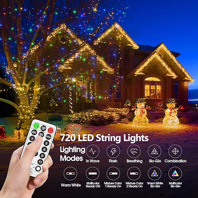 328 FT 720 LED Christmas Lights Outdoor Fairy Lights Plug In Color Changing String Lights Waterproof 11 Modes Timer for Outside House Tree Garden Wedding Party Decorations-Warm White to Multicolored
