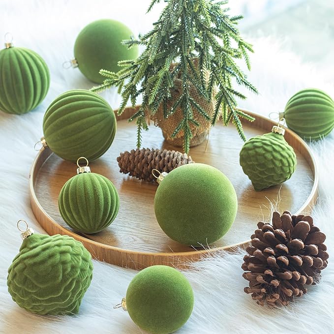 KI Store Moss Green Velvet Christmas Balls 25pcs Flocked Christmas Tree Ornaments for Xmas Holiday Hanging Decor