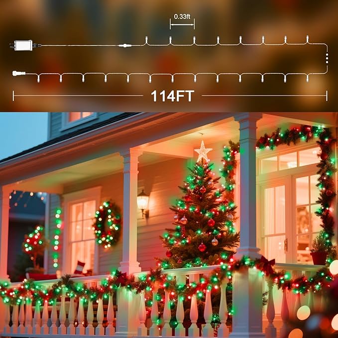 114 FT 350 LED String Lights Outdoor Indoor, Christams String Lights Waterproof 8 Modes & Timer, Fairy Lights Plug in for Bedroom, Weeding, Patio, Party, Holiday,Christmas Decor（Red+Green）