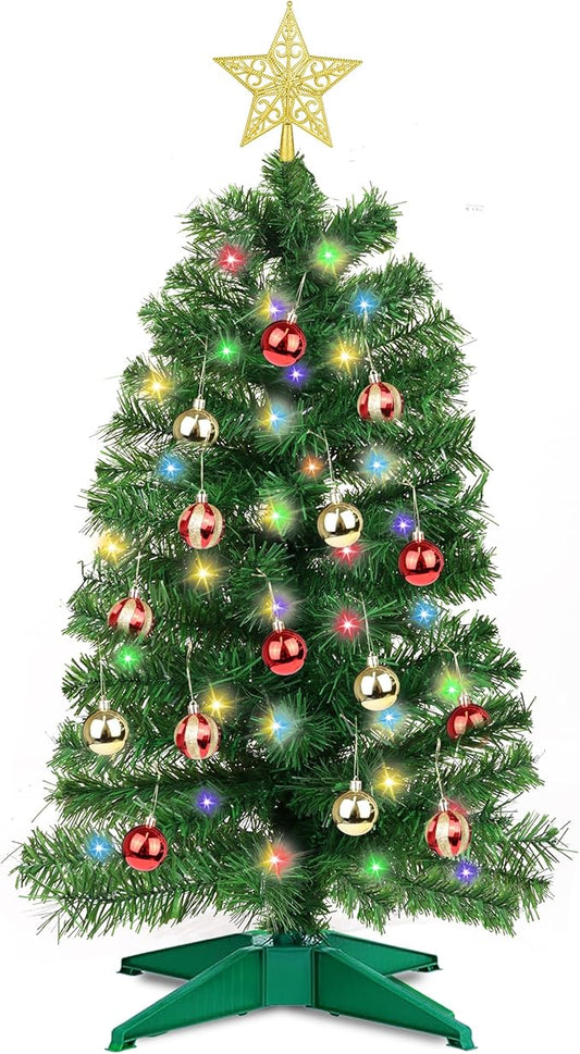 3 Feet Premium Green Christmas Tree 12 Modes Dual Color Change Timer DIY 50 Warm White & Multicolor Lights Star 15 Ball Ornaments Battery Operated Small Artificial Full Xmas Tree Table Home Indoor