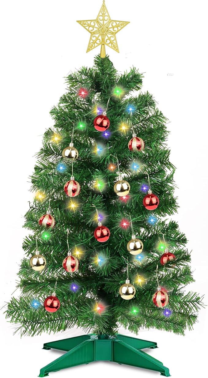 3 Ft Green Christmas Tree 12 Modes Dual Color Change Timer DIY 50 Warm White & Multicolor Lights Star 15 Ball Ornaments Battery Operated Small Artificial Full Xmas Tree Table Home Indoor