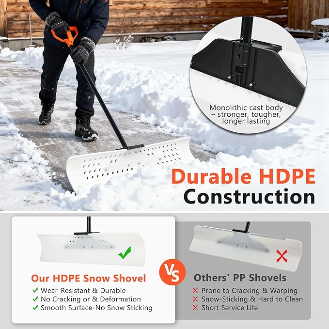 Orientools Snow Shovel and Pusher with Ergonomic Design, 36-Inch Wide Polyethylene Blade for Efficient Driveway and Sidewalk Snow Removal, Quick Connect Handle