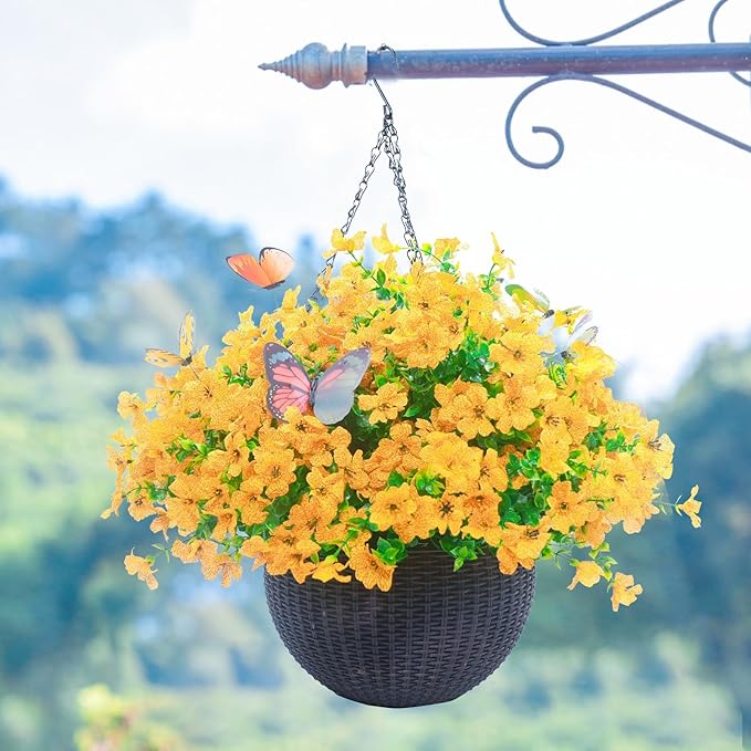 20 Bundles Artificial Flowers for Outdoors‌ with 6 Faux Butterflies, UV Resistant Fake Flowers‌ with Eucalyptus Leaves, Artificial Plants Outdoor‌ for Patio Garden Porch Home Decor (Yellow)