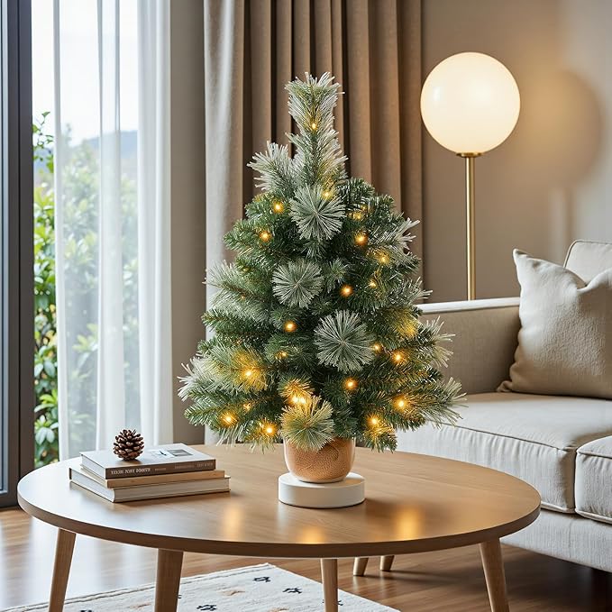 2FT Pre-lit Artificial Small Mini Christmas Tree with Warm White Multi-Color LED Lights, Remote Control and Timer, Perfect for Xmas Tabletop Decorations, Home, Kitchen, Dining Table top Green