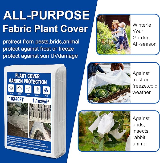 Plant Covers Freeze Protection, 10 * 40FT 1.1 oz/yd² Large Thick Frost Blankets for Outdoor Plants in Winter, Floating Row Cover for Vegetable Garden, Frost Cloth Plant Freeze Protection