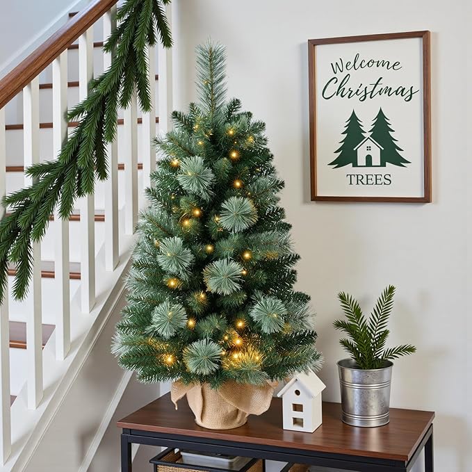 3FT Pre-lit Artificial Small Mini Christmas Tree with Warm White Multi-Color LED Lights, Remote Control and Timer, Perfect for Xmas Tabletop Decorations, Home, Kitchen, Dining Table top Green