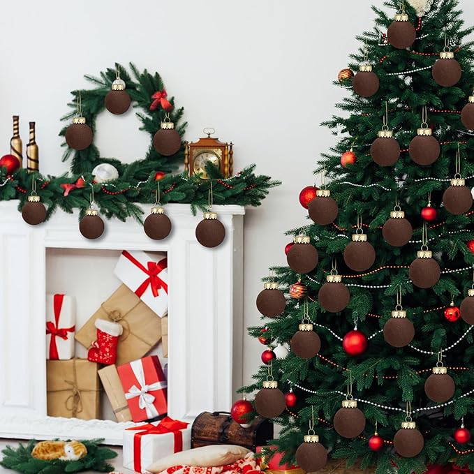 12 Pcs Velvet Christmas Balls Flocked Christmas Tree Hanging Ornaments Shatterproof Plastic Hanging Balls Decorations for Xmas Tree Party Home Holiday Decor (Brown, 3.15 inch)