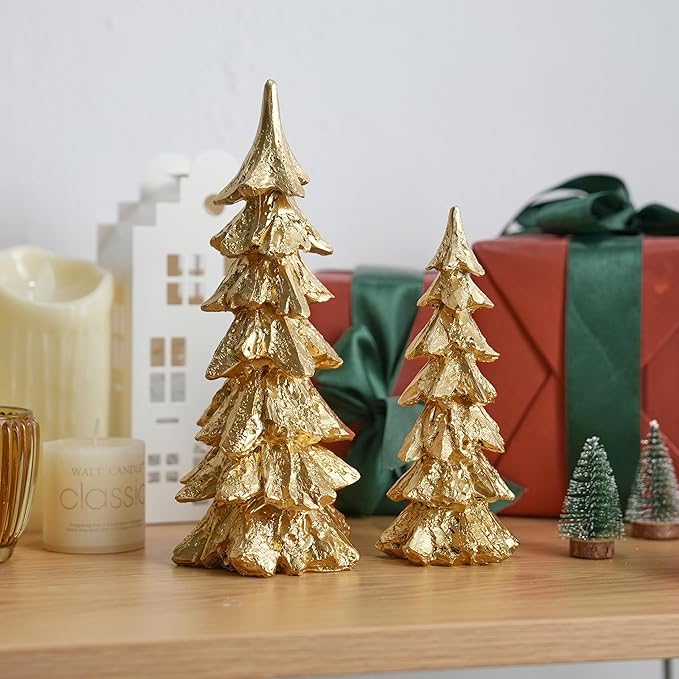 2Pcs Gold Christmas Tree Figurines, Resin Christmas Trees with Weathered Finish, Small Decorative Tabletop Trees for Mantel, Modern Holiday Home Decor for Living Room, Office, Festive Centerpiece