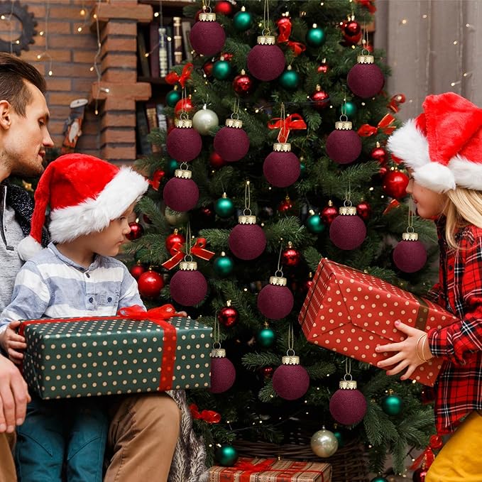 12 Pcs Velvet Christmas Balls Flocked Christmas Tree Hanging Ornaments Shatterproof Plastic Hanging Balls Decorations for Xmas Tree Party Home Holiday Decor (Wine Red, 3.15 inch)