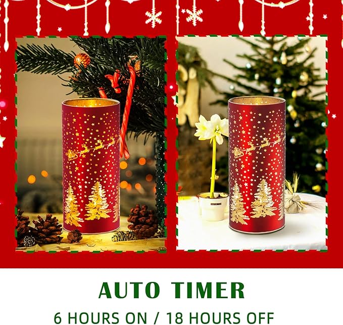 Christmas Decorations Indoor,Mercury Glass Lights with Timer,Battery Powered Fairy Light,LED Latern with Christmas Tree Deer Carvings, Lamps for Table Decor Home Centerpiece (Red)