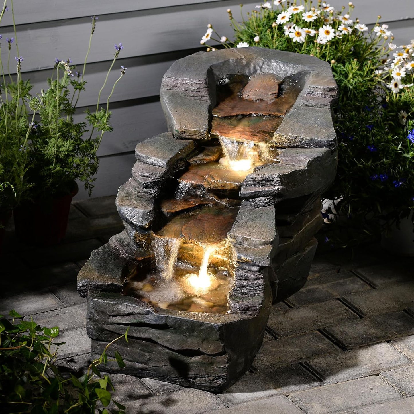 Outdoor Water Fountain 3-Tier Floor Standing Rainforest Rock River Natural Waterfall Fountains with LED Lights for Garden, Patio, Porch, Home Art Decor, 30" L