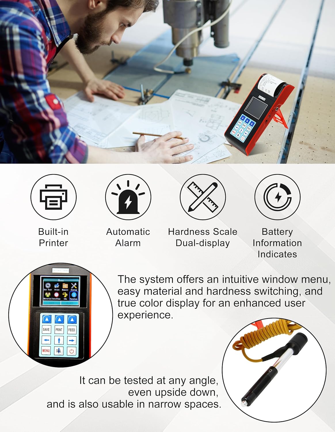 AMT212 Portable Built-in Printer Durometer Digital Handheld Leeb Hardness Tester with Standard D Impact Device PC Software for Steel Aluminum Iron Alloy Copper