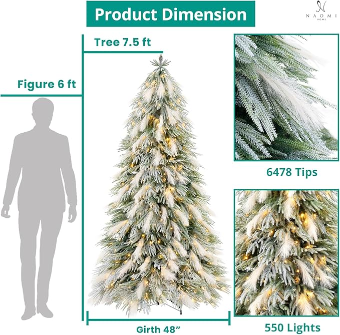 Makenna 7.5ft Snow Flocked Feathery Frosted Prelit Artificial Christmas Tree with 6478 Pampas Tips, 550 Warm Lights and Metal Stand, 48" Wide Realistic Snow Flocked Pine Christmas Tree with Lights