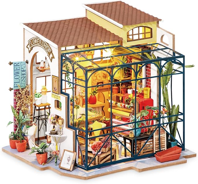 ROBOTIME DIY Dollhouse Kit Mini House with Furnitures Accessories 1:24 Scale Craft Kit - Emily's Flower Shop