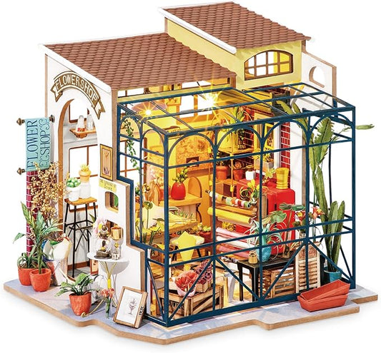ROBOTIME DIY Dollhouse Kit Mini House with Furnitures Accessories 1:24 Scale Craft Kit - Emily's Flower Shop