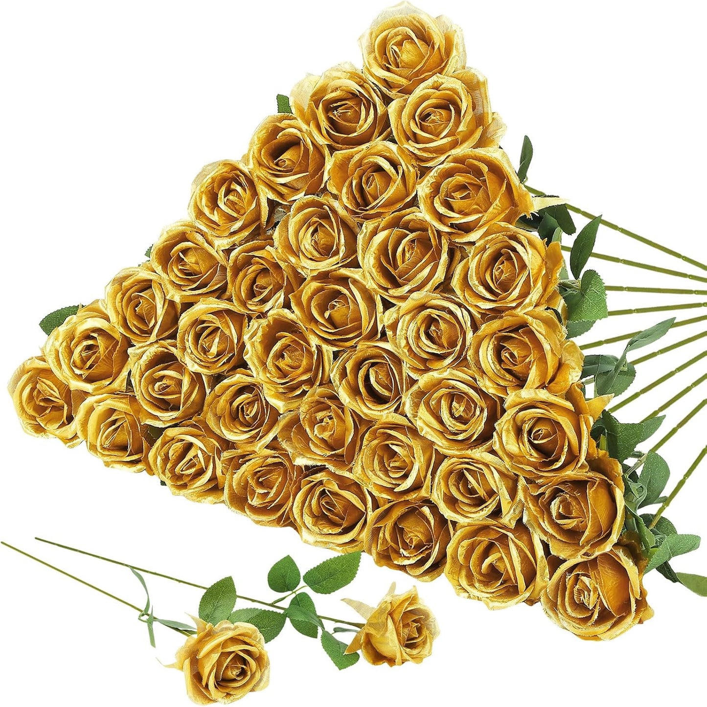 36 Pcs Gold Artificial Roses with Long Stems, Fake Silk Rose Artificial Flowers Bulk for Bridal Wedding Bouquet Centerpiece Ball Arrangement Party Decor