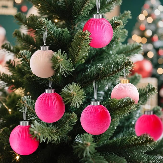 9 Pcs Pink Christmas Tree Ornaments Set, 80mm/3.15in Large Velvet Christmas Balls for Xmas Tree Decorations Shatterproof Hanging Flocked Balls Ornaments Hot Pink