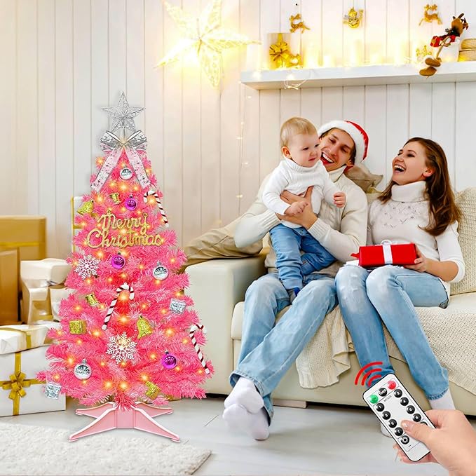 3 Ft Pink Valentine's Day Tree with Dual Color Change Lights Timer Remote, 3D Star&44Ornaments, 8 Modes 50 Warm&Colorful Change Lights Battery Operated, Small Mini Tree Table Indoor Holiday Home Decor