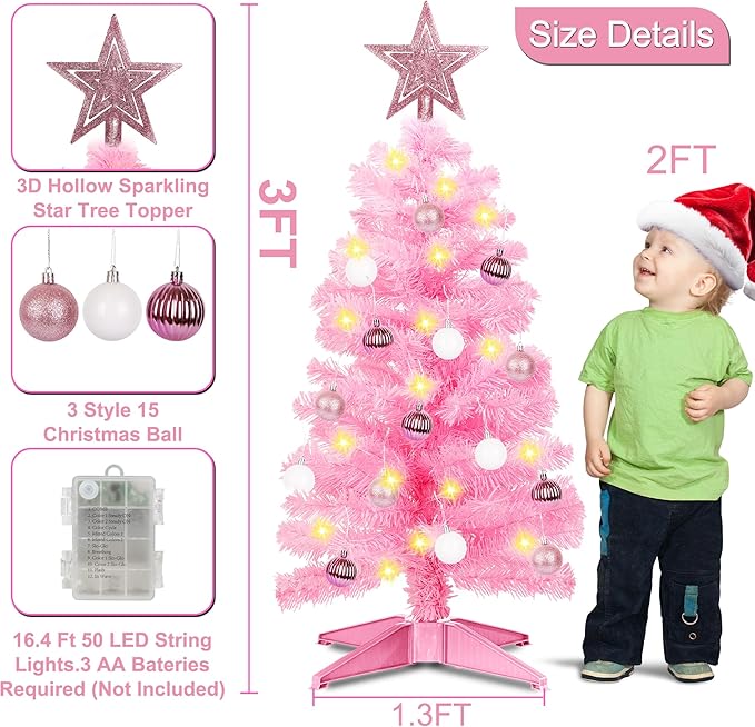 3 Ft Premium Pink Christmas Tree with Lights, Battery Operated Timer 8 Modes 50 Warm White Lights Small Artifical Full Christmas Tree for Tabletop Home Office Indoor Outdoor Xmas Holiday Decorations