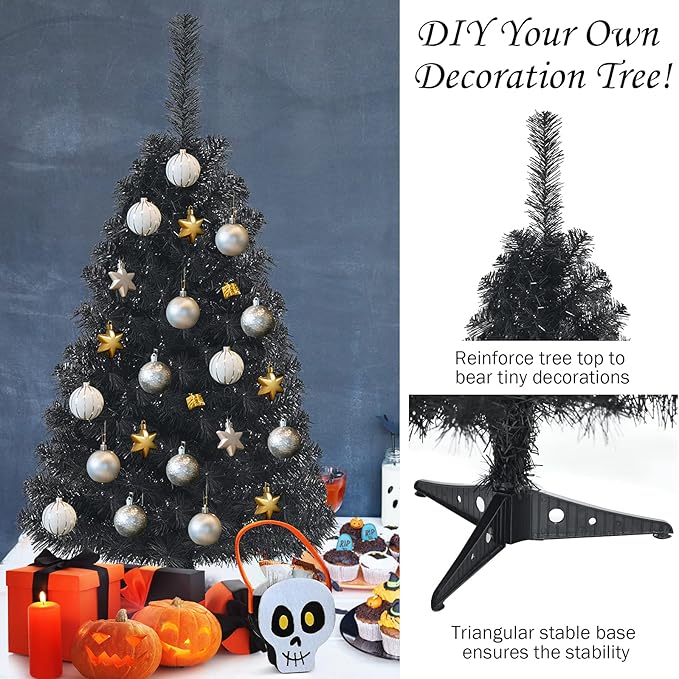 Happygrill 3FT Black Christmas Tree, Artificial Unlit Halloween Decoration Tree with 116 PVC Tips, Premium Small Xmas Tree for Home Office School Holiday Decoration