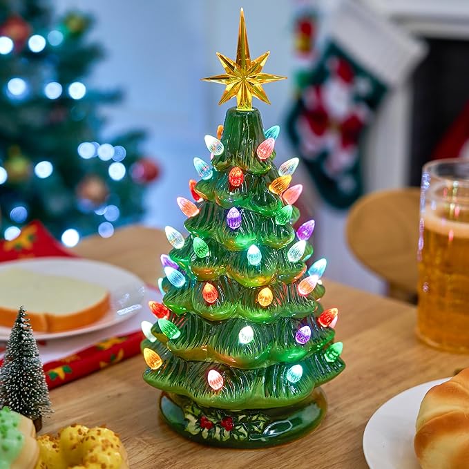 Joiedomi 12" Ceramic Christmas Tree, Table Top Christmas Tree with Flower Leaf, Vintage Pre-lit Xmas Decor with LED Lights, Battery Operated Hand-Painted Xmas Decorations Indoor Home