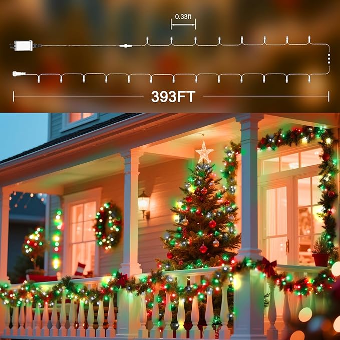393 FT Christmas Light 1000 LED Xmas Lights Outdoor Christams String Lights Waterproof 8 Modes & Timer, Fairy Lights Plug in for Weeding, Patio, Party, Holiday,Christmas Decor