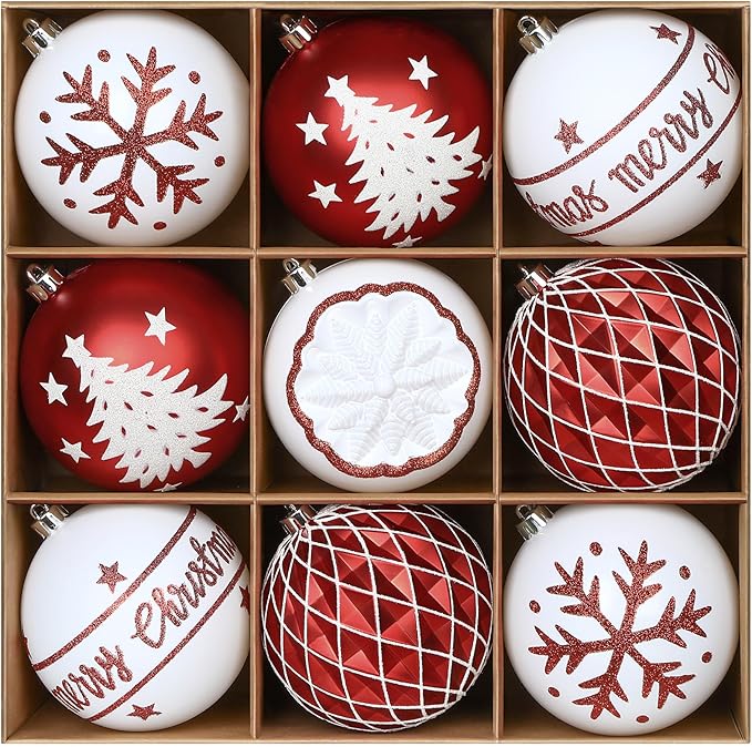 SHareconn 100MM/4 Inch 9PCS Large Christmas Balls Ornaments, Shatterproof Plastic Hanging Big Baubles Set for Xmas Tree Decoration Holiday Party Wedding Decorations with Hook,Red and White