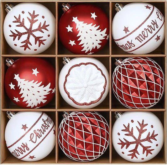 SHareconn 100MM/4 Inch 9PCS Large Christmas Balls Ornaments, Shatterproof Plastic Hanging Big Baubles Set for Xmas Tree Decoration Holiday Party Wedding Decorations with Hook,Red and White
