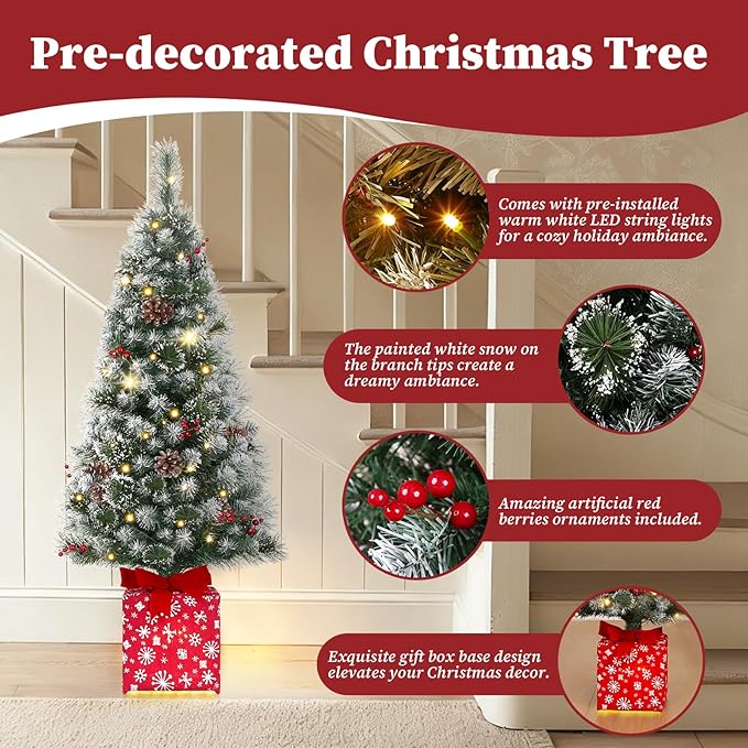 Brightever 4FT Artificial Christmas Tree, Pre-lit Small Christmas Trees with Warm White String Lights, Plug in Green Outdoor Frosted Tip Xmas Trees for Front Door, Snowflake Gift Box Base & Ornaments