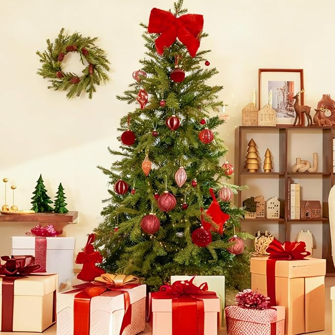 DN DECONATION 4PCS Christmas Ball Ornaments, Shatterproof Red Balls Ornaments for Christmas Tree, 4” Velvet Plastic Decorations with Ribbons, Farmhouse Holiday Decor Xmas Gifts Winter