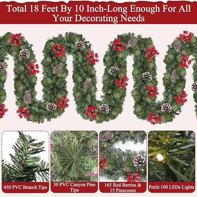 Remote Control&Extra Long&12 Modes-18 Ft Prelit Christmas Garland for Stairs Railing Mantle Front Door Porch Indoor Outdoor Decor 100 Warm White&Colors Switch Lights Timer,580 Thick Branches Tips