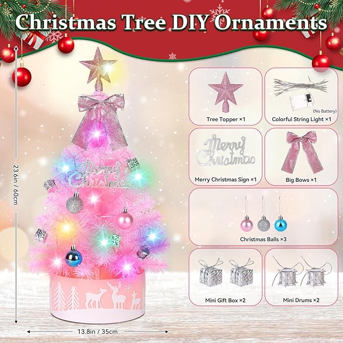 2FT Pre-lit Small Christmas Tree with Lights, Pink Small Christmas Tree with Balls & Star Topper, 3 Lighting Modes Tabletop Xmas Trees for Home, Office, Indoor Decor (Battery Not Included)