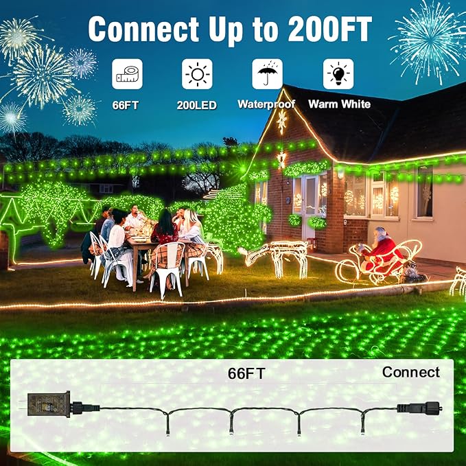 Nisocy 66FT 200 LED Green String Lights with Green Wire, Waterproof Christmas Tree Fairy Lights with 8 Modes, Indoor Outdoor Seasonal Decorative Lighting for Holiday, Party, Garden