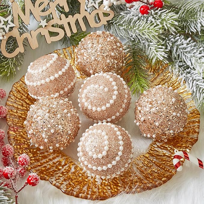 Rose Gold Christmas Ball Ornaments,12ct Christmas Tree Shatterproof Plastic Hanging Sequin Xmas Balls for Festivals Holiday Party Decorations(70mm/2.76")