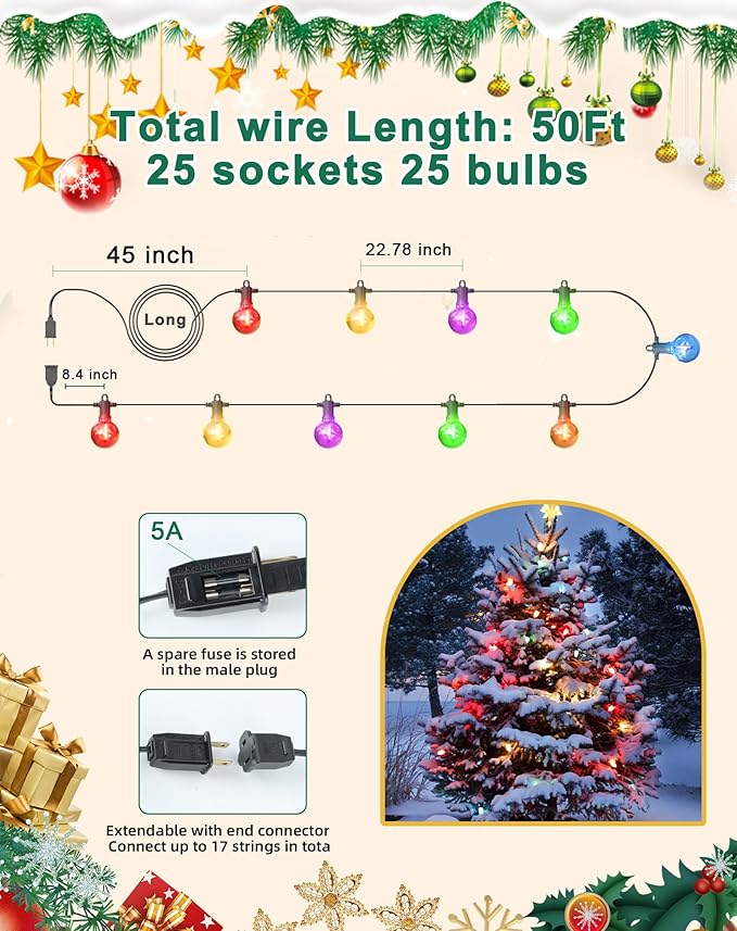 Christmas Lights Outdoor Colored String Lights, 50FT Multicolor String Lights with 25 LED G40 Bulbs Waterproof Patio Lights for Garden Backyard Yard Bistro Holiday Party Halloween