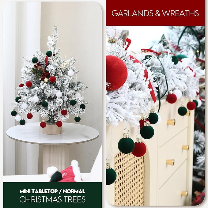 Sea Team 64-Pack Miniature Flocked Velvet Christmas Tree Ball Ornaments Set, Hanging Velour Baubles, Shatterproof Plastic Decorations for Xmas Tree, Wreath, Garland, 30mm/1.18 Inches, Elf