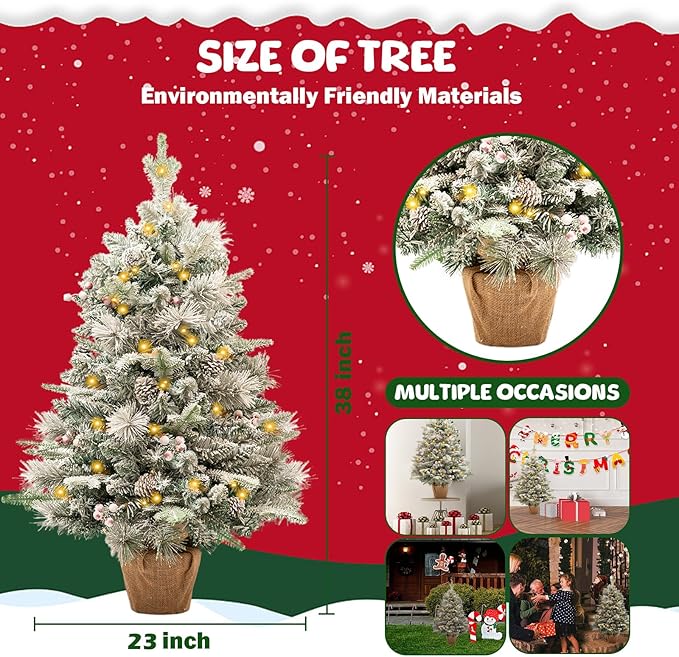 3FT Pre-lit Snow Flocked Christmas Tree, Tabletop Artificial Christmas Tree, Mini Christmas Tree with Pine Cones & Red Berries for Home, Shop Décor