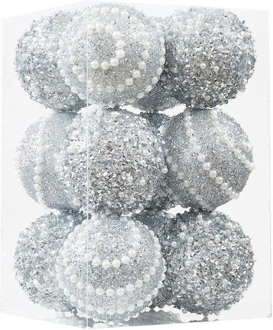 Silver Christmas Ball Ornaments,12ct Christmas Tree Shatterproof Plastic Hanging Sequin Xmas Balls for Festivals Holiday Party Decorations(70mm/2.76")