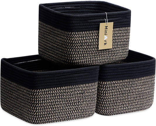 Small Organizing Baskets for Cubes Shelf, 9.7x9.7x7.1 Inch Rope Woven Storage Bins for Nursery Shelves Storage, Cute Toy Basket, Square 3 Packs Black Brown