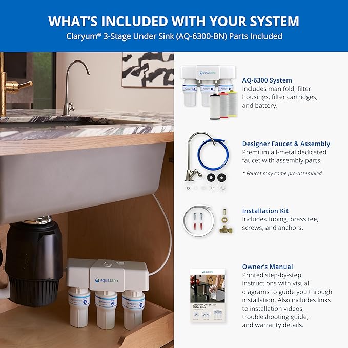 Aquasana Under Sink Water Filter | 3-Stage Filtration | Certified to Reduce up to 99.99% of PFAS, Lead, Chlorine, & More | Under Counter Drinking Water Filter | Brushed Nickel Faucet | AQ-6300-BN